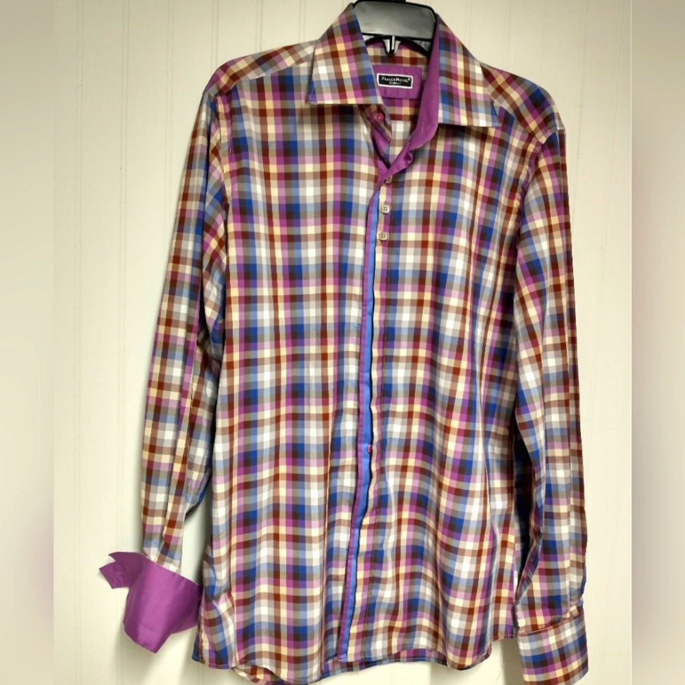 Franck Michel Elegance Muticolor Plaid 100% Cotton Long Sleeve Shirt Size Large
